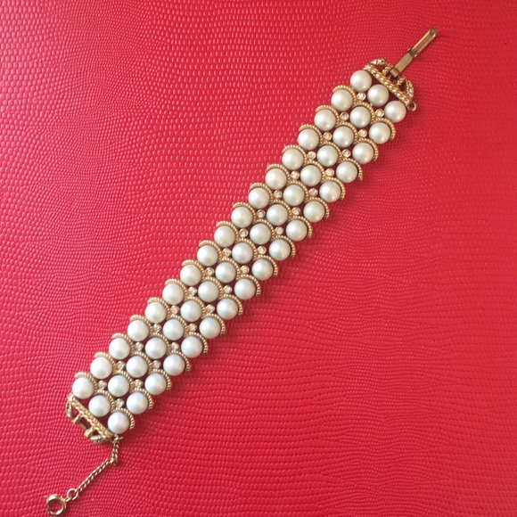 VTG 3 Strand Rhinestone Pearl Bracelet - Picture 1 of 7